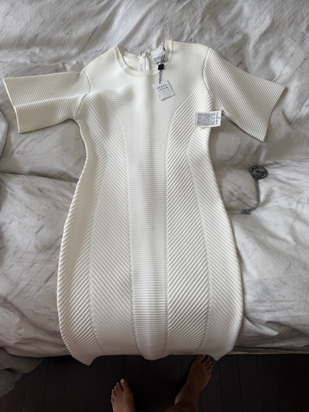 Herve leger Cream Ribbed Textured Mini Dress